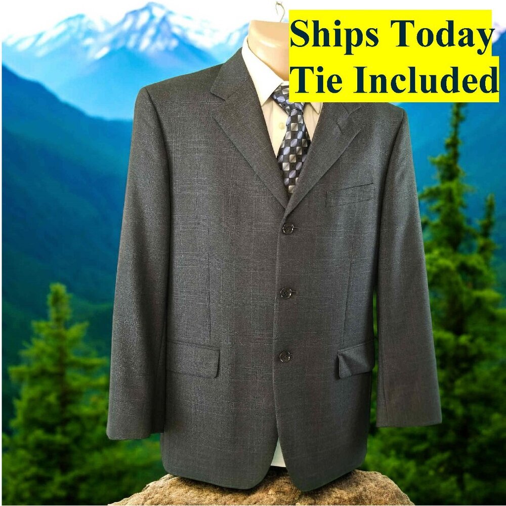 Jones New York Men's 40S Gray Checked 90% Wool Blazer Sport Coat & Tie 11576